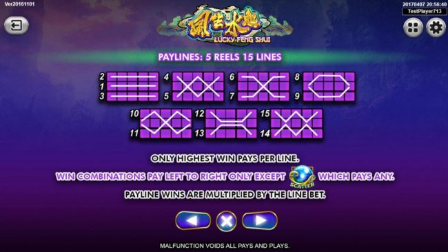 Payline Diagrams 1-5. Only the highest win pays per line. Win combinations pay left to right only except scatter which pay any. Payline wins are multiplied by the line bet.