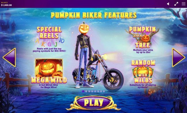 Pumpkin Rider Features - Special Reels, Pumpkin Tree, Mega Wild and Random Wilds.