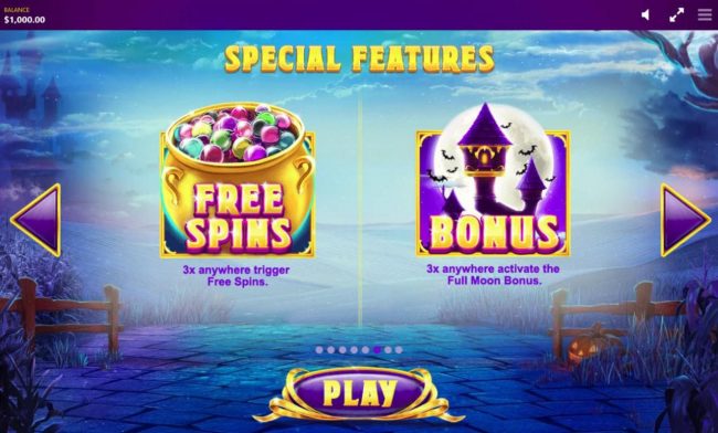 Three Free Spins symbols anywhere trigger Free Spins. Three castle bonus symbols anywhere activate the Full Moon Bonus.