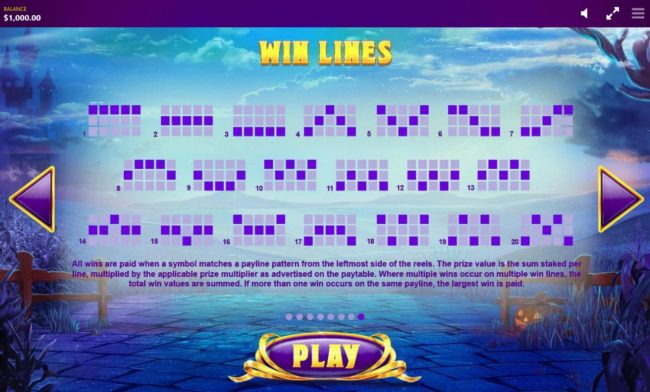 Payline Diagrams 1-20. All wins pay when symbols match a payline pattern from either sides of the reels or in the middle. The prize value is the sum staked per line, multiplied by the applicable prize multiplier as advertised on the paytable. When multipl