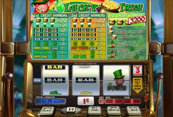 An Irish Leprechaun themed main game board featuring three reels and 1 payline with a $32,000 max payout