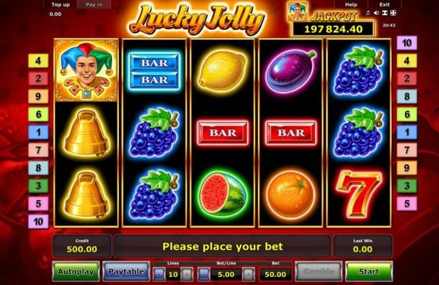 A fruit themed main game board featuring five reels and 10 paylines with a progressive jackpot max payout