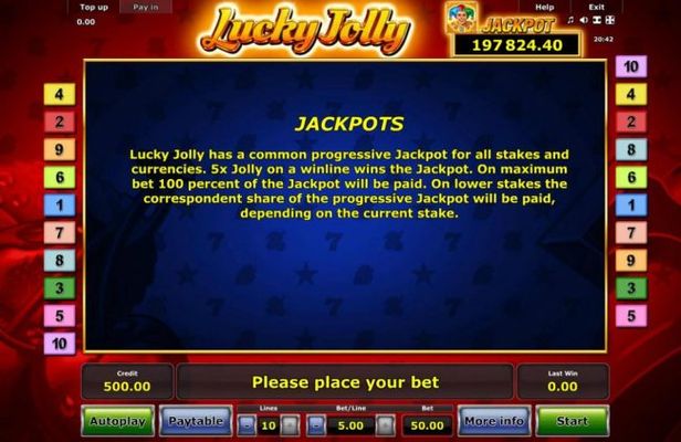 Jackpots - Lucky Jolly has a common progressive jackpot for all stakes and currencies. 5x Jolly on a winline wins the jackpot.