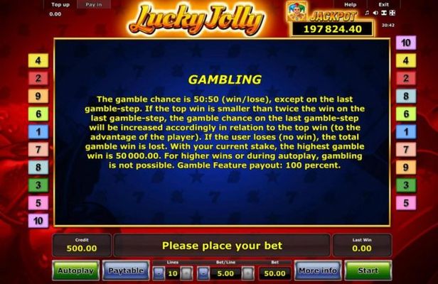 Gambling Rules - The gamble chance is 50:50 (win/lose), except on the last gamble-step.