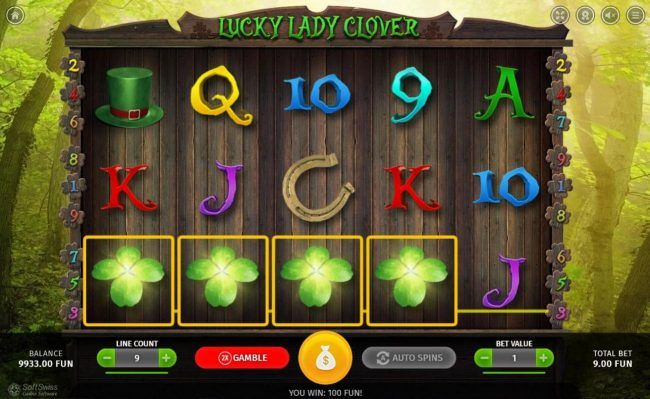 A winning 4-LEAF CLOVER Four of a Kind triggers a 100 coin payout..