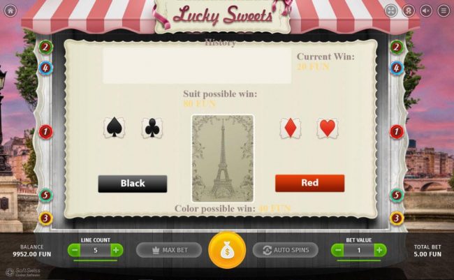 The Gambling option is available after any winning spin. The aim of the gambling round is to guess the color or the suit of the face-down-card, one from a 52-card deck.