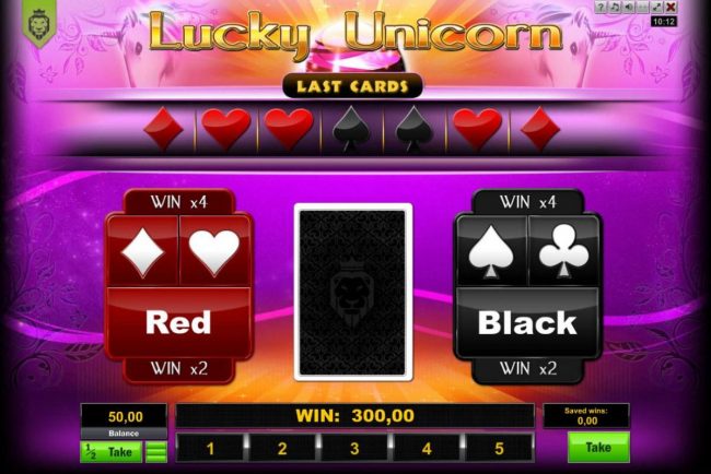 Gamble Feature - To gamble any win press Gamble then select Red or Black or Suit