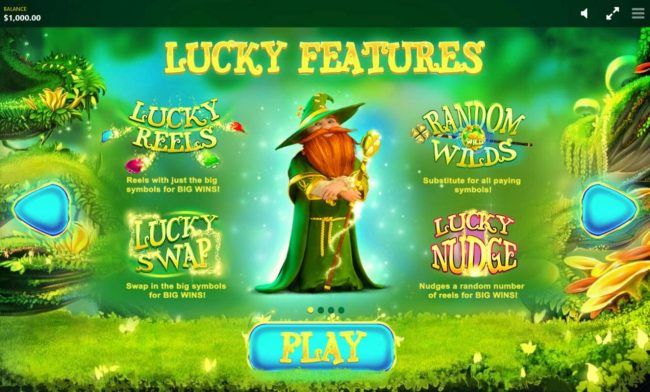 Game features include: Lucky Reels, Lucky Swap, Random Wilds and Lucky Nudge.