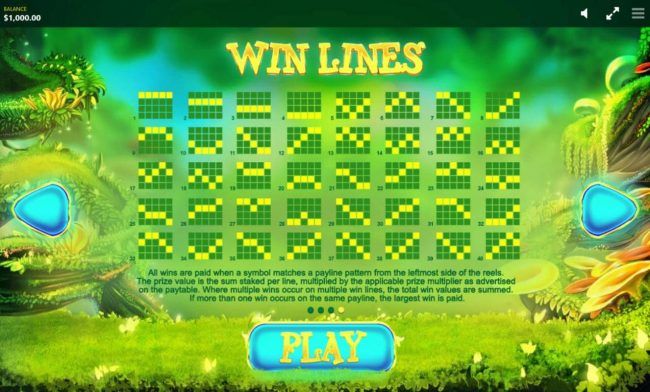 Payline Diagrams 1-40. All wins are paid when a symbol matches a payline pattern from the leftmost side of the reels.