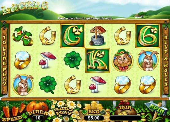 Main game board based upon a leprechaun pot-o-gold theme,  featuring five reels and 10 paylines with a $33,000 max payout