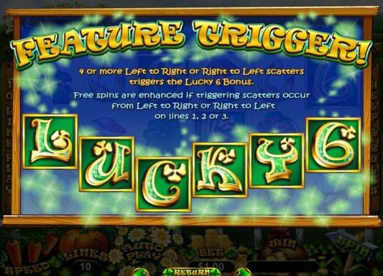 Feature Trigger - 4 or more left to right or right to left scatters triggers the Lucky Bonus. Free spins are enhanced if triggering scatters occur from left to right or right to left on lines 1, 2 or 3.