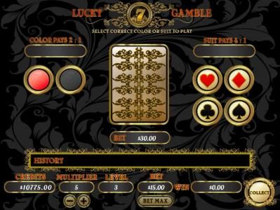 Gamble feature is available after each winning spin. Select color or suit to play.