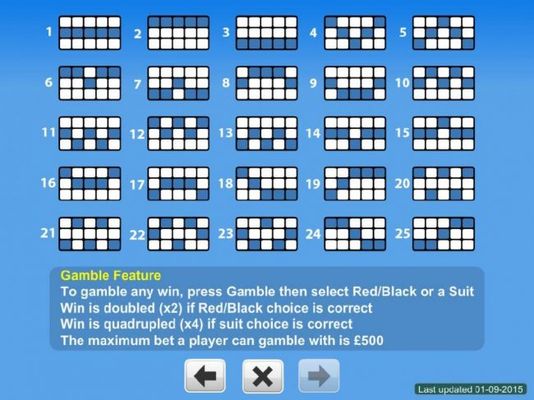 Payline Diagrams 1-25 and Gamble feature rules.