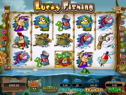 Main game board featuring five reels and 20 paylines with a $50,000 max payout