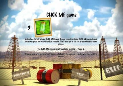 click me game - 3 click me symbols visible (scattered), wins a click me bonus. Choose from the visible click me symbols and the bonus prize you've won is revealed