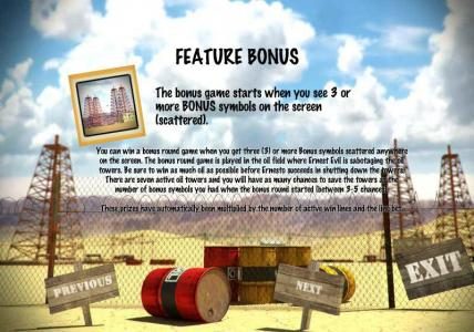 feature bonus, the bonus game starts when you see 3 or more bonus symbols on the screen (scattered)