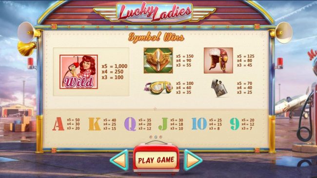 Slot game symbols paytable - high value symbol is the wild which is represented by three different girls.