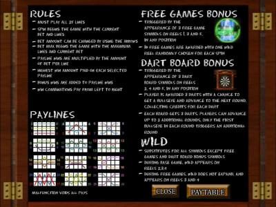 rules, free games bonus, dart board bonus, wild and paylines