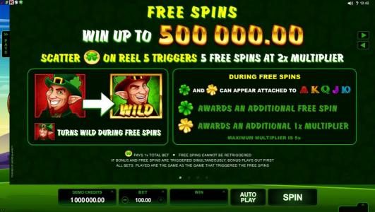 Free Spins triggered by shamrock landing on fifth reel.