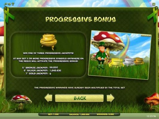 Progressive Bonus - Win one of three progressive jackpots! max bet 5 or more progressive symbols anywhere on the reels will activate the progressive bonus!