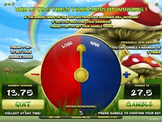 Gamble Feature Game Board - Win up to 8 times your current winning! If the arrow lands on the win section, your winnings will increase! if not, you will lose your winnings!