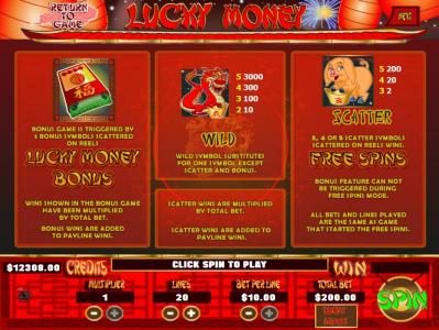 Luckey Money Bonus Game is triggered by 3 bonus symbols scattered on reels. Wild symbol substitutes for one symbol except scatter and bonus. Scatter, 3, 4 or 5 Pig symbols scattered on reels wins Free Spins.