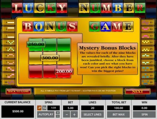 Mystery Bonus Blocks - The values for each of the nine blocks are revealed briefly. After they have been jumbled, choose a block from each color and see what you have won! Can you pick the right blocks to win the biggest prize?