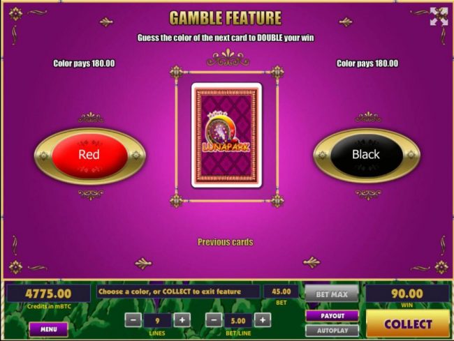 Gamble Feature - To gamble any win press Gamble then select Red or Black.