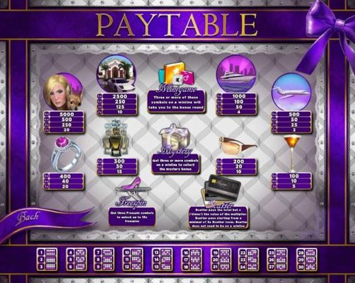 Slot game symbols paytable and Payline Diagrams 1-30.