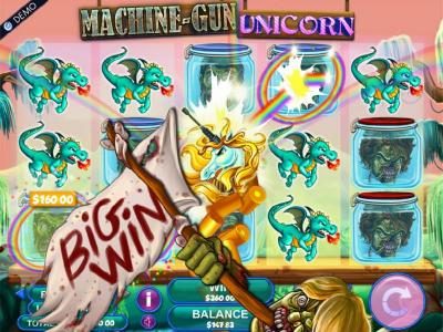 Big win triggered by machine gun unicorn symbol landing on reel 3