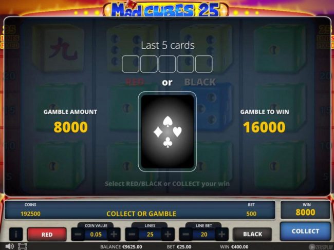 Gamble Feature - To gamble any win press Gamble then select Red or Black.