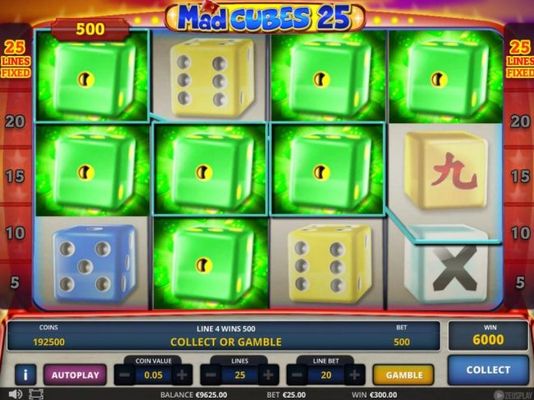 A 6000 coin jackpot triggered by multiple winning green dice