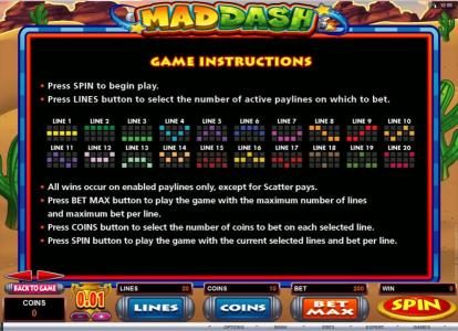 Game Instructions and Payline Diagrams