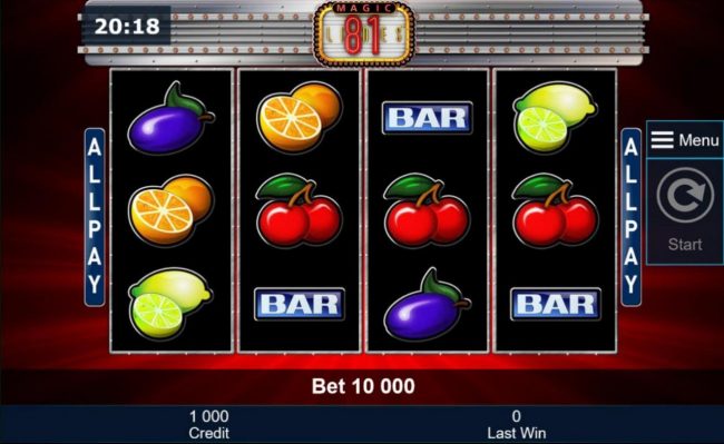 A fruit themed main game board featuring five reels and 81 paylines with a $1,600,000 max payout