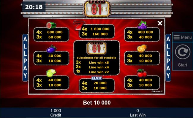 Slot game symbols paytable featuring fruit inspired icons.