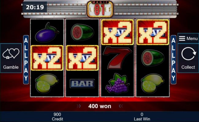 A four of a kind with x2 multipliers triggers a 400 coin payout.