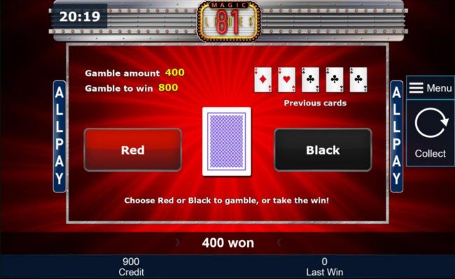 Gamble Feature - To gamble any win press Gamble then select Red or Black.