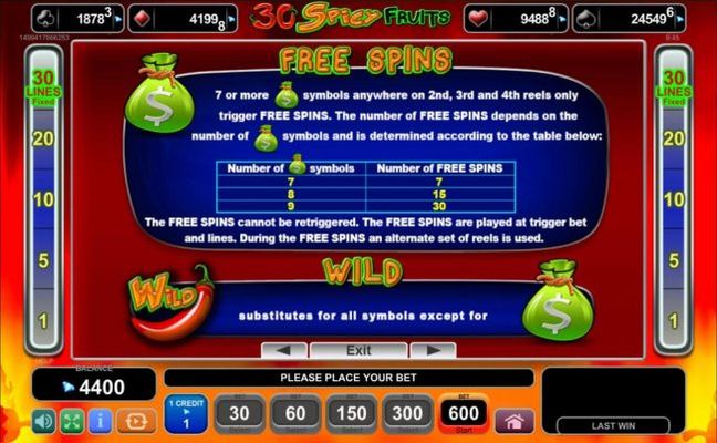 Free Spins Bonus Rules - 7 or more money bag symbols anywhere on 2nd, 3rd and 4th reels only trigger Free Spins.