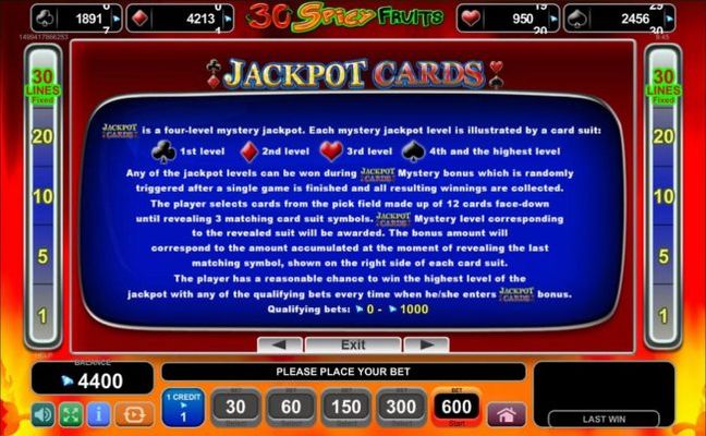 Jackpot Cards Mystery Bonus - Any of the jackpot levels can be won during the bonus feature which is randomly triggered.