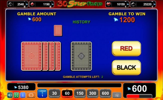 Gamble Feature - To gamble any win press Gamble then select Red or Black.