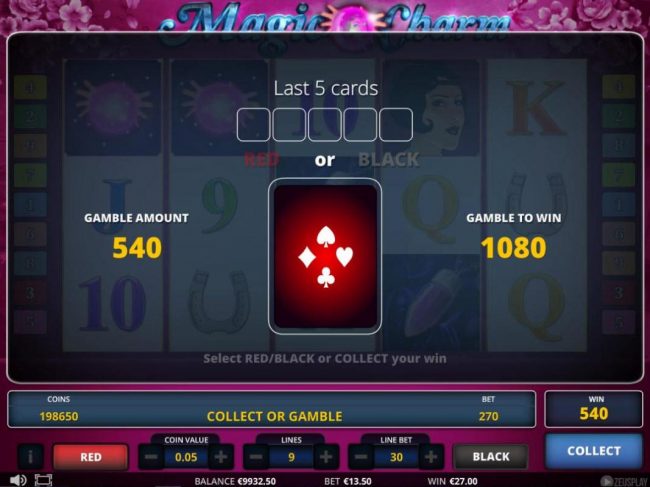 Gamble Feature - To gamble any win press Gamble then select Red or Black.