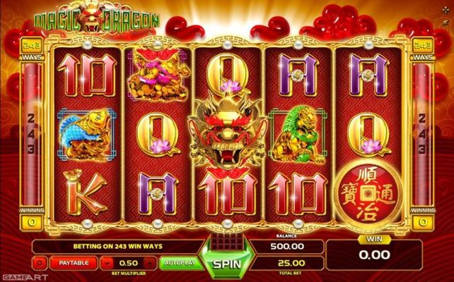 Main game board featuring five reels and 243 winning combinations with a $1,250 max payout.