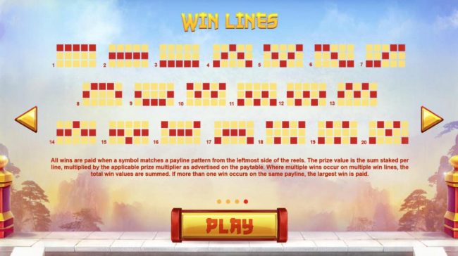 Payline Diagrams 1-20. All wins are paid when a symbol matches a payline pattern from the leftmost side of the reels.