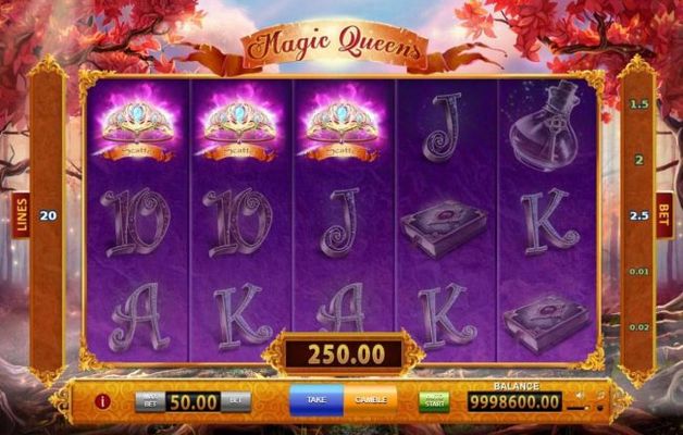 Three Tiara scatter symbols triggers a 250.00 jackpot win.