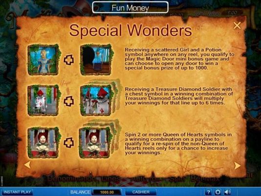 Special Wonders - Magic Door mini bonus game triggered by girl and potion symbols anywhere on any reel. Receieving a Treasure Diamond Soldier with a chest symbol in a winning combination of Treasure Diamond Soldiers will multiply your winning up to 6x. 2