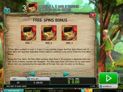 Free Spins Bonus - 3 Free treasure chest symbols in reels 1, 2 amd 3 in any position trigger the Free Spins Bonus and 10 Free Spins are awarded.