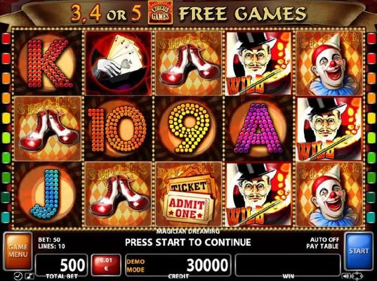 A circus themed main game board featuring five reels and 10 paylines with a $500,000 max payout