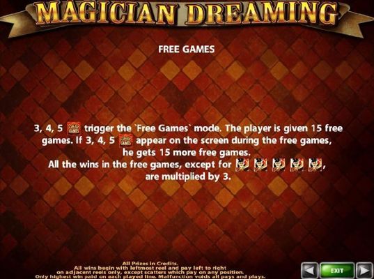 Three or more Circus Games logo scatter symbols trigger free games mode awarding player with 15 free games and a 3x win multiplier.