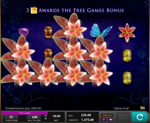 Flower symbols trigger a 225.00 jackpot award.