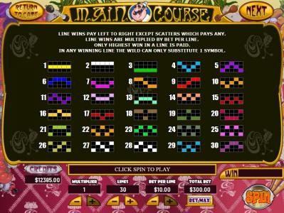 Payline Diagrams 1-30 Line wins pay left to right except scatters which pays any.